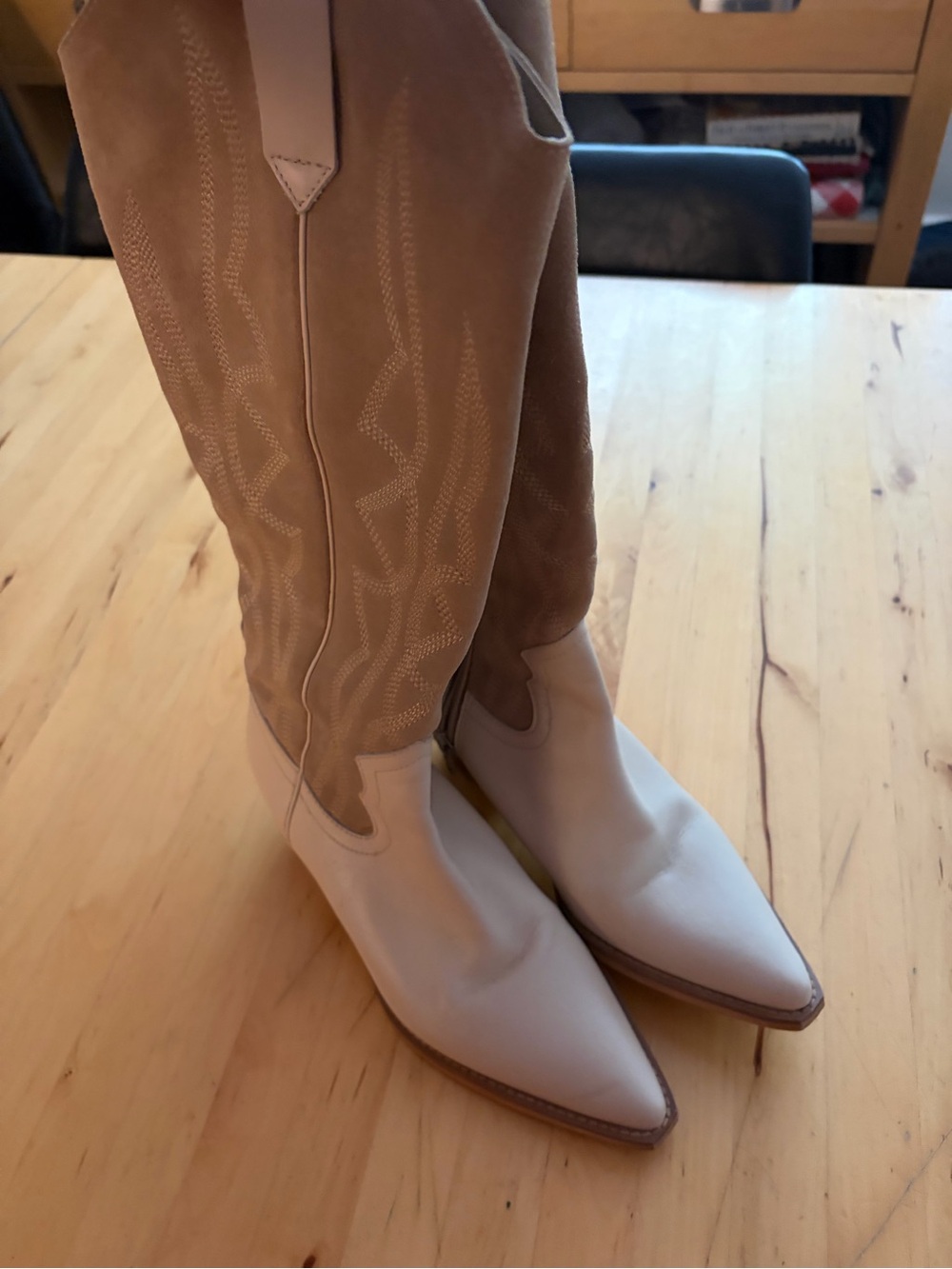 Coconuts by Matisse Two-Tone Knee-High Western Boots in Cream and Tan